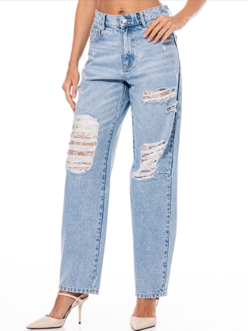 G06. Lace Detail Vintage Wash Distressed Wide Leg Denim Jeans
